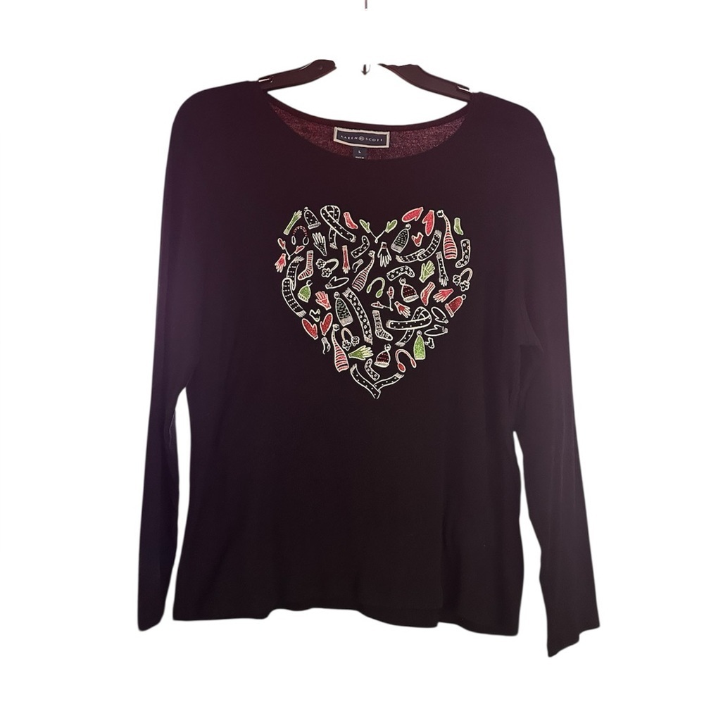 Karen Scott Black Long Sleeve Top w/ Colorful embellished Heart Design Size Lg